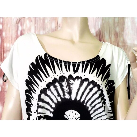 Emilio Pepe Italy Graphic Flower Asymmetrical Hem Adjustable Short Sleeve Top L - Picture 3 of 16